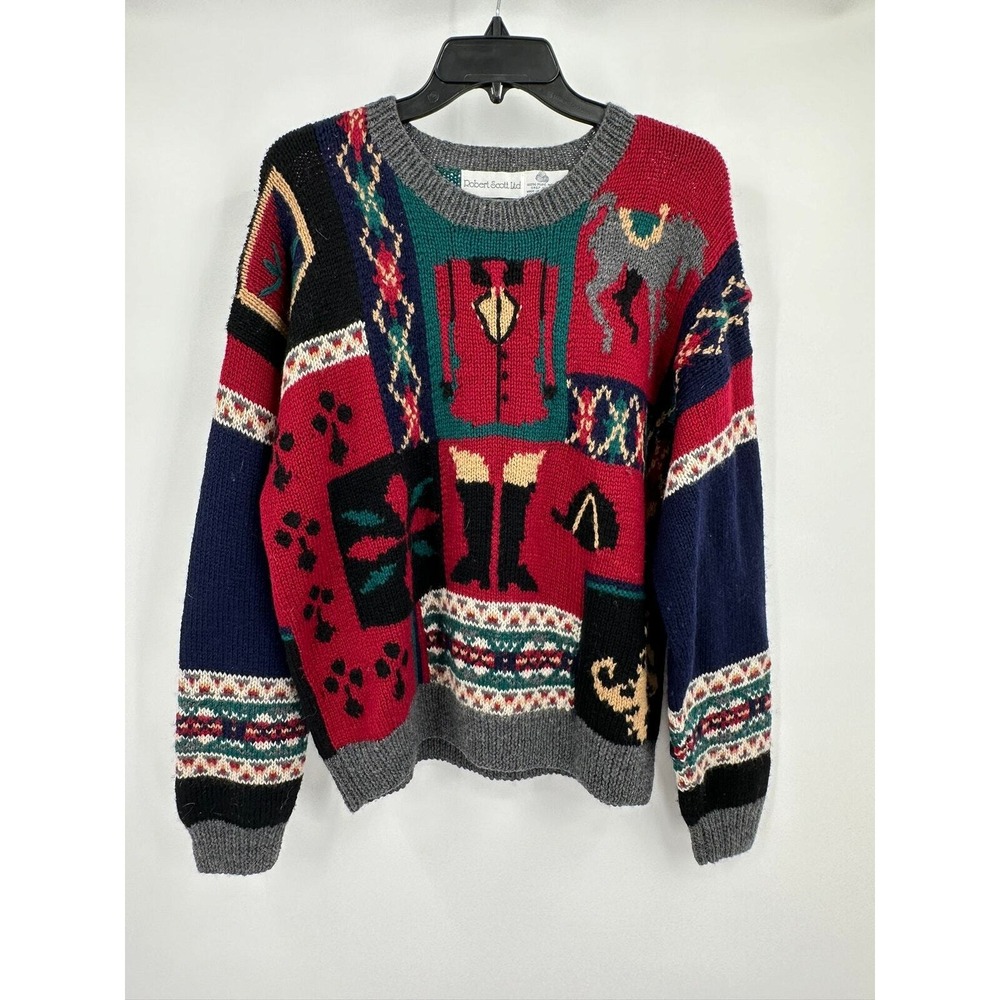 Womens Vintage Equestrian Intarsia Patchwork Wool Cardigan Size 38 US M Eclectic